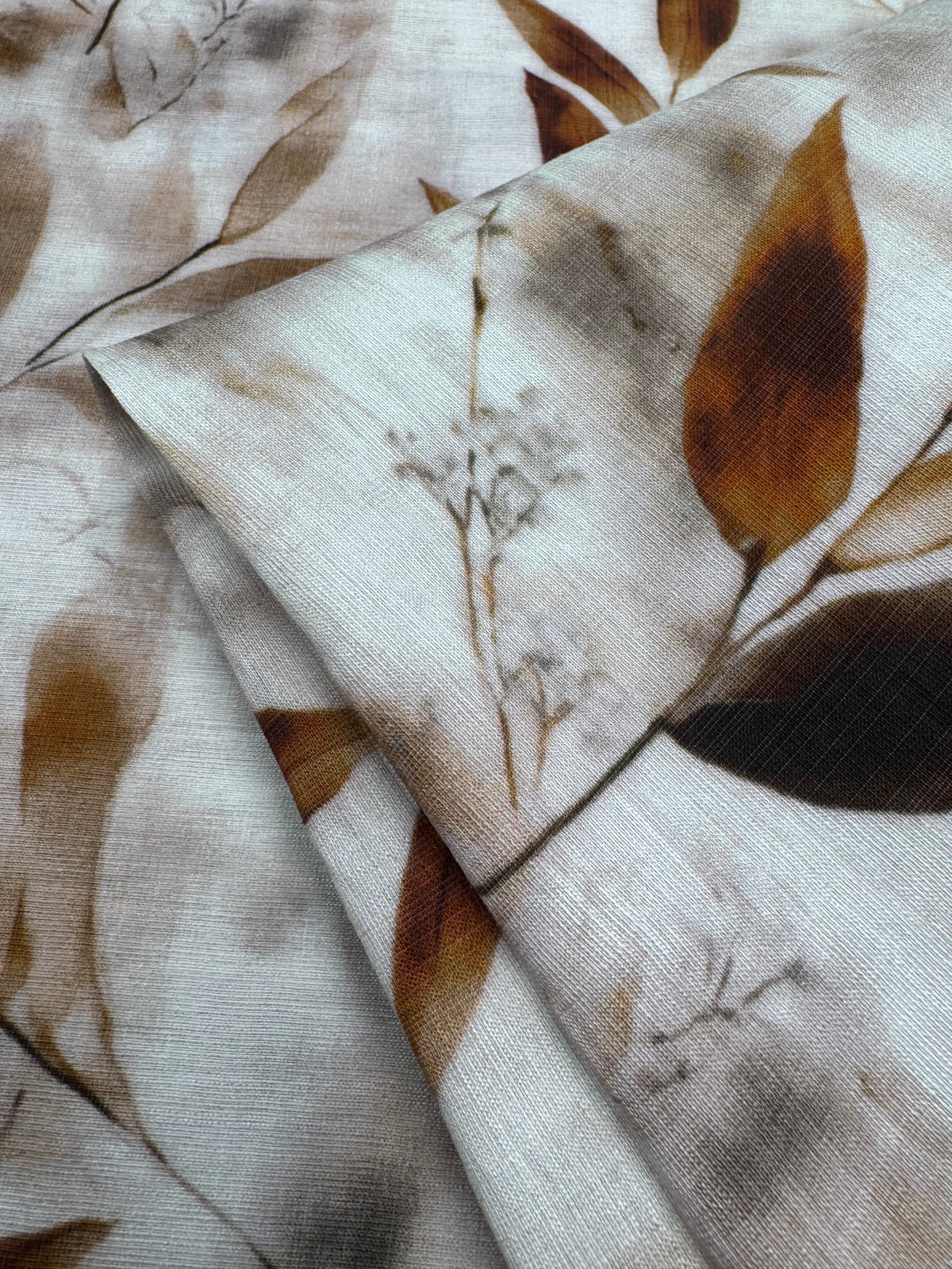 Mocha Leaves printed linen blend fabric