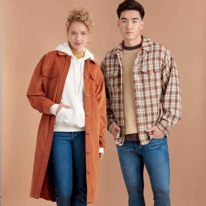 A woman in a rust coat over a white hoodie stands beside a man in a plaid Simplicity S9388 Unisex Shirt Jacket by Super Cheap Fabrics and tan sweater. Both wear blue jeans, posing against a beige background.