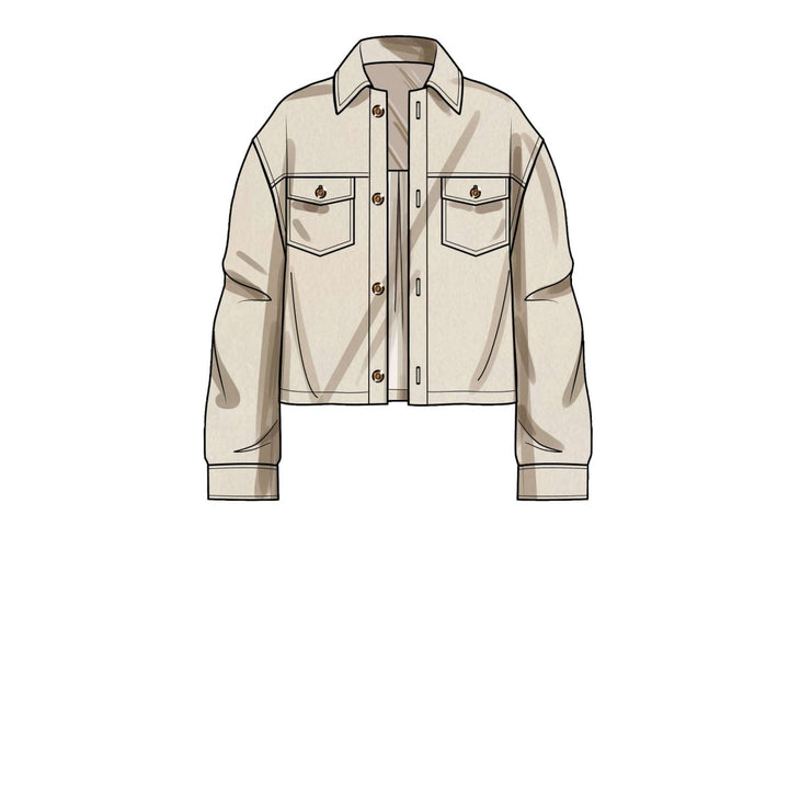 A digital illustration of the Pattern - Simplicity - S9388 - Unisex Shirt Jackets by Super Cheap Fabrics, featuring a light beige, long-sleeve button-up denim style with chest pockets and visible stitching, set against a white background.