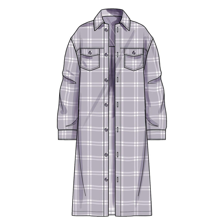 Illustration of Simplicity S9388 Unisex Shirt Jacket by Super Cheap Fabrics—a long, button-up shirt jacket with long sleeves, chest pockets with flaps, a collar, and a chic light purple and white checkered pattern.
