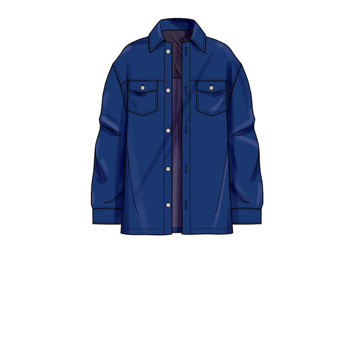 The Simplicity S9388 Unisex Shirt Jacket by Super Cheap Fabrics is shown in blue denim with long sleeves, a collar, two chest flap pockets, and silver front buttons. The stylish jacket is displayed on a plain white background.
