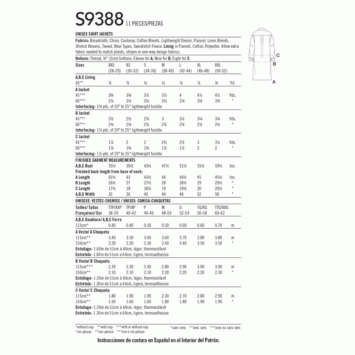 The Simplicity S9388 Unisex Shirt Jackets pattern fabric chart from Super Cheap Fabrics lists fabric types, yardage for XS–4XL (views A, B, C), required notions, and measurements in inches and centimeters.