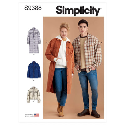 Two models wear Super Cheap Fabrics' Simplicity S9388 Unisex Shirt Jackets—one long, one short—over casual outfits. On the left, illustrations show three style variations in different lengths and colors. "Simplicity S9388" appears at the top.