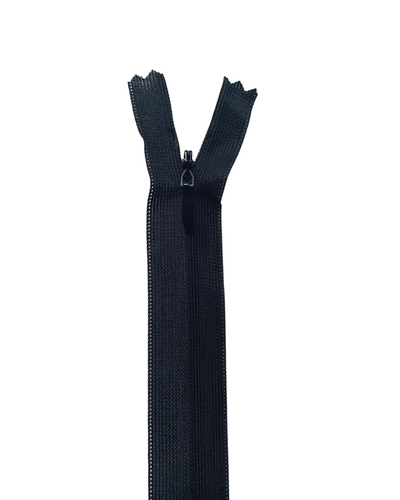 A 45cm Invisible Zip in black by Super Cheap Fabrics, partially unzipped with separated teeth at the top and the pull in the middle, displayed against a white background.