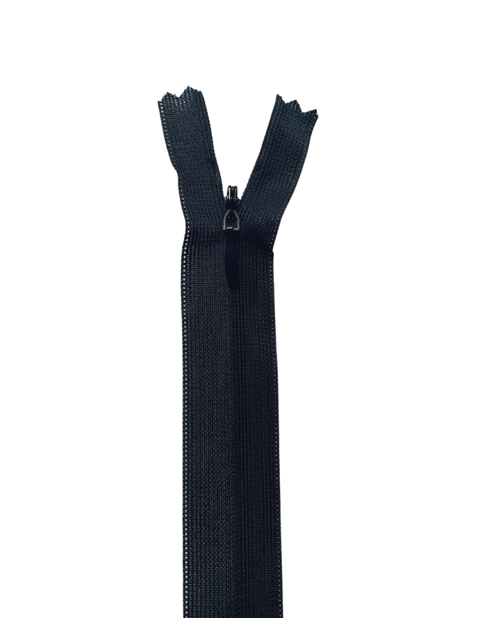 A 45cm Invisible Zip in black by Super Cheap Fabrics, partially unzipped with separated teeth at the top and the pull in the middle, displayed against a white background.